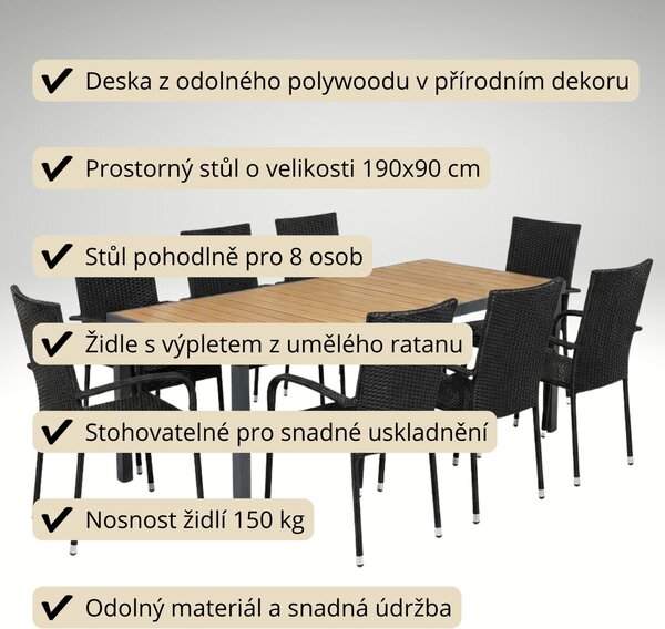 Vikio Zahradní set 190x90 pro 8 osob přírodní DT278-190P
