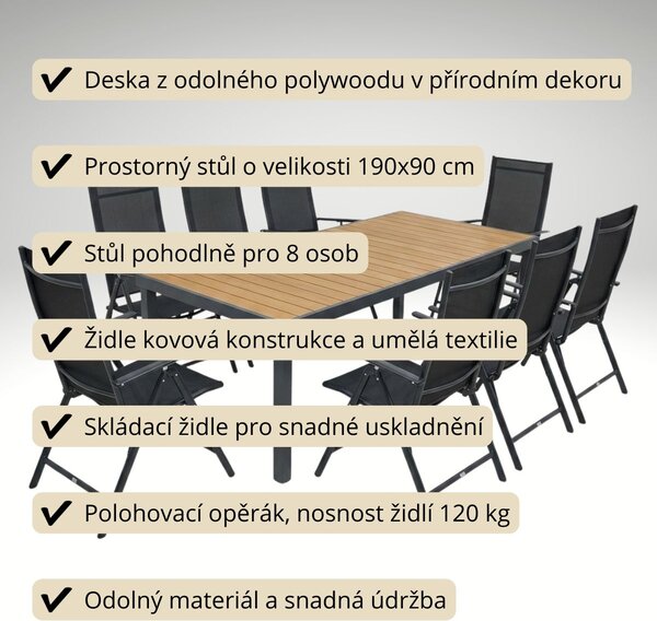 Vikio Zahradní set 190x90 pro 8 osob přírodní V138-190P