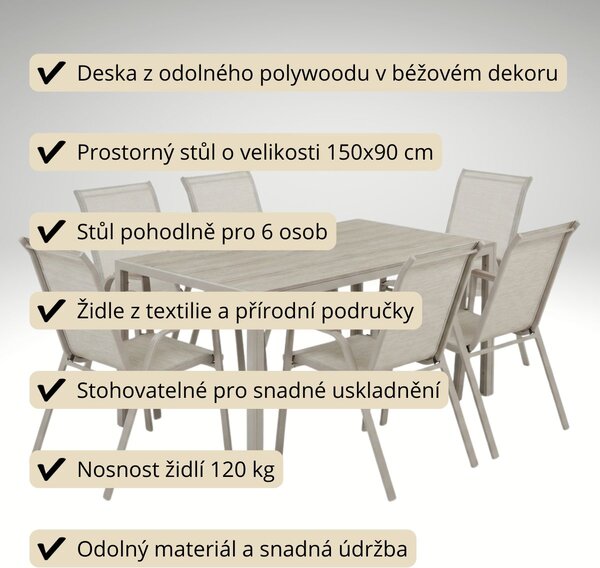 Vikio Zahradní jídelní set 150x90 pro 6 osob bežová AZS156BE-6