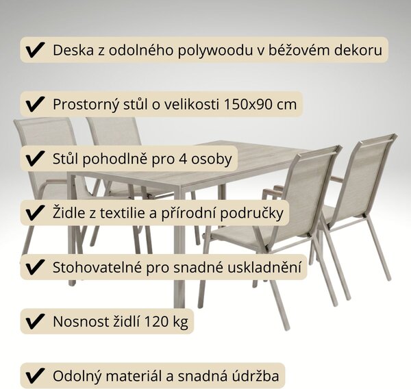 Vikio Zahradní jídelní set 150x90 pro 4 osoby bežová AZS156BE-4