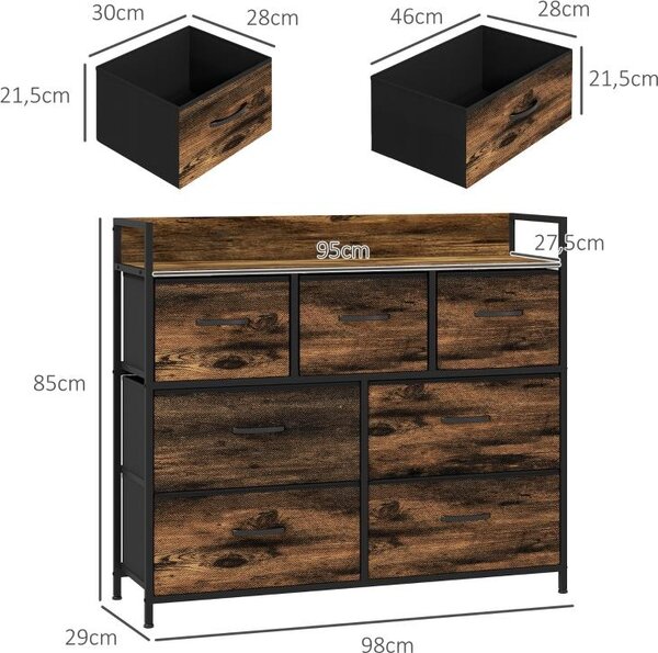Komoda Moonbite s 7 zásuvkami potaženými látkou, rozměry 98 × 29 × 85 cm. Úložná skříň s ocelovým rámem, s bezpečnostním systémem proti převrácení a policí, v industriálním stylu. Materiál: polyester, barva: hnědá