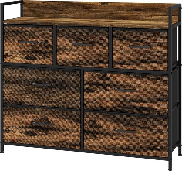 Komoda Moonbite s 7 zásuvkami potaženými látkou, rozměry 98 × 29 × 85 cm. Úložná skříň s ocelovým rámem, s bezpečnostním systémem proti převrácení a policí, v industriálním stylu. Materiál: polyester, barva: hnědá