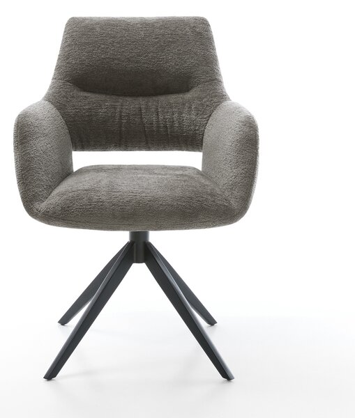 DELIFE Jídelní židle Yago-Flex s područkami bouclé měkký tmavě béžová křížová podnož široká černá 360° otočný houpací funkce taštičkové pružiny
