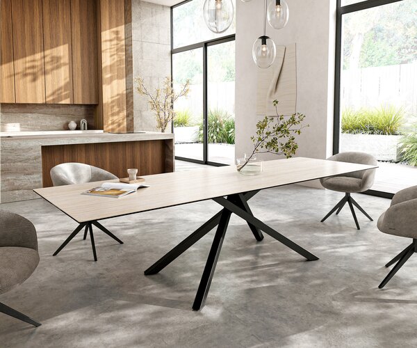 DELIFE Jídelní stůl Edge 300x100 cm keramika Laminam®Travertino Bianco krémová bílá křížová podnož černá