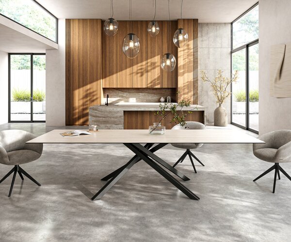 DELIFE Jídelní stůl Edge 300x100 cm keramika Laminam®Travertino Bianco krémová bílá křížová podnož černá