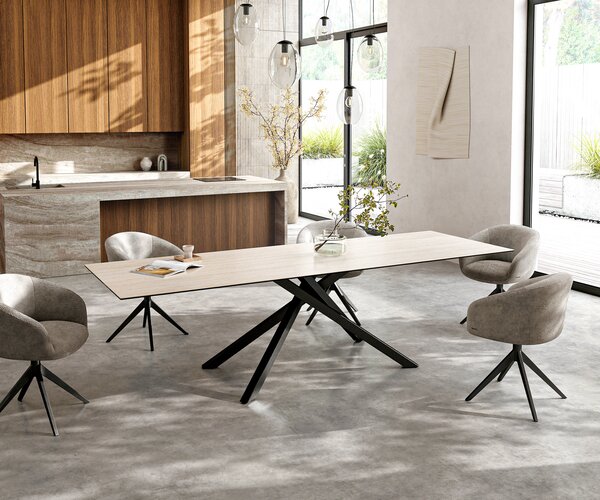 DELIFE Jídelní stůl Edge 300x100 cm keramika Laminam®Travertino Bianco krémová bílá křížová podnož černá