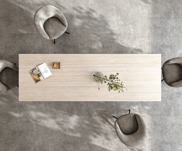 DELIFE Jídelní stůl Edge 300x100 cm keramika Laminam®Travertino Bianco krémová bílá křížová podnož černá