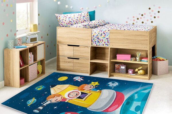 Dětský koberec protiskluzový Bambino 42810 Raketa, modrý / hnědý