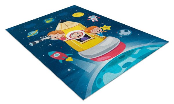 Dětský koberec protiskluzový Bambino 42810 Raketa, modrý / hnědý