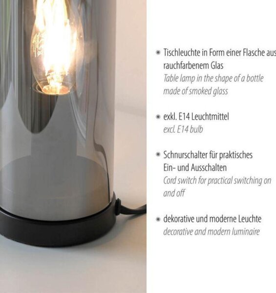 PAUL NEUHAUS JUST LIGHT Stolní lampa BOTTLE, kouřová barva, tvar láhve, kouřové sklo, šňůrový vypínač