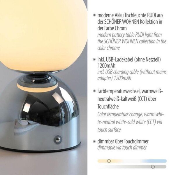 PAUL NEUHAUS JUST LIGHT Kolekce Schöner Wohnen LED bateriové stolní svítidlo RUDI, chrom, nabíjecí přes USB 3000-6000K