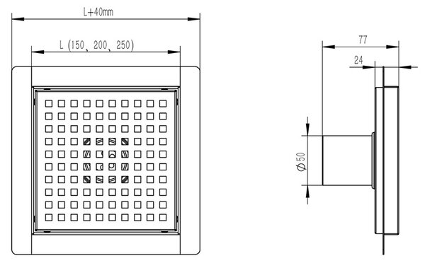 BPS-koupelny Čtvercový sprchový odtokový žlab DL08 QUBE G3 ST 15x15 cm, satén