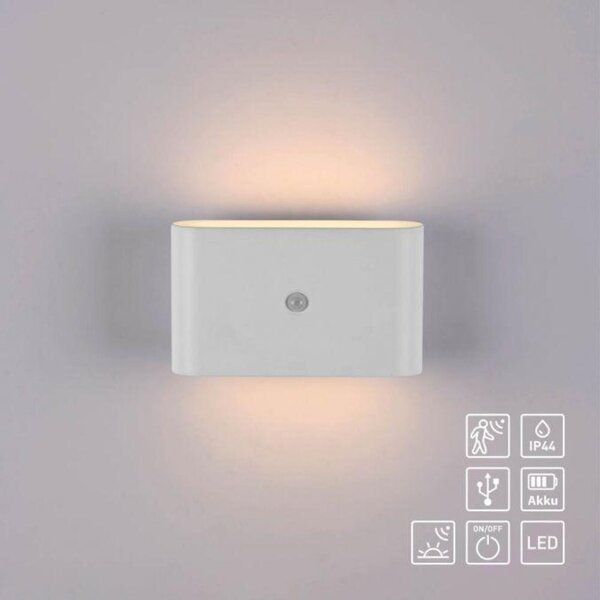 PAUL NEUHAUS JUST LIGHT LED nástěnné svítidlo na baterie AKKU-ZIDDY, bílá, IP44, nabíjecí, pohybové čidlo 3000K