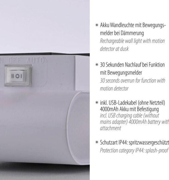 PAUL NEUHAUS JUST LIGHT LED nástěnné svítidlo na baterie AKKU-ZIDDY, bílá, IP44, nabíjecí, pohybové čidlo 3000K