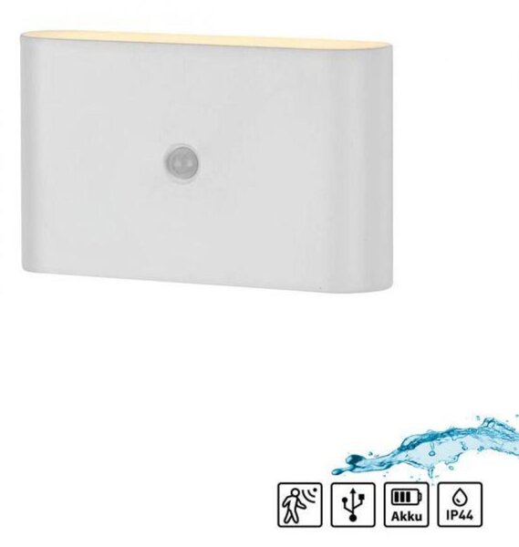 PAUL NEUHAUS JUST LIGHT LED nástěnné svítidlo na baterie AKKU-ZIDDY, bílá, IP44, nabíjecí, pohybové čidlo 3000K