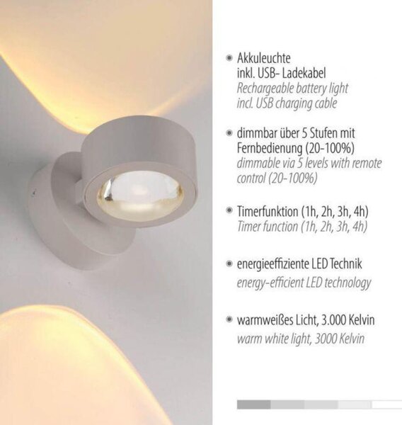 PAUL NEUHAUS JUST LIGHT LED nástěnné svítidlo na baterie AKKU-CHIA, písková barva 3000K