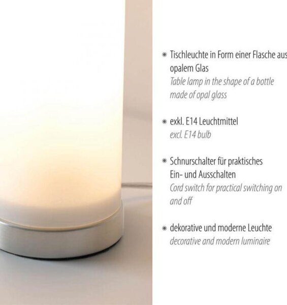 PAUL NEUHAUS JUST LIGHT Stolní lampa BOTTLE, bílá, opálové sklo, tvar láhve, šňůrový vypínač