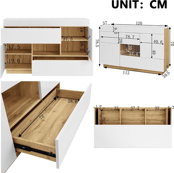 Komoda Moonbite, 120 cm, vysoký lesk, s 2 zásuvkami, 2 dvířky a otevřenou policí, tlumené panty, dekorivní prvky s dřevěným vzhledem, vyrobená z dřevotřísky, barva bílá