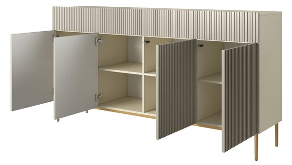 Čtyřdveřová komoda Nicole 200 cm se zásuvkami s ryhovaným čelem - kašmír / zlaté nožky