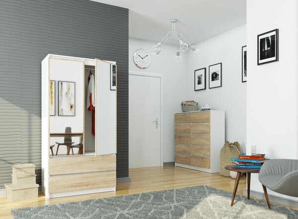 Šatní skříň s otočnými dveřmi a zrcadlem 90 cm bílá / sonoma