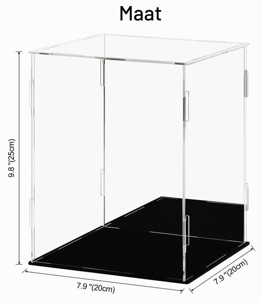 Akrylová vitrína se zrcadlem, rozměry 20 x 20 x 25 cm, poskytuje ochranu proti prachu pro sběratelské figurky