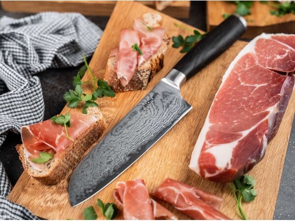 Böker - Damaškový kuchyňský nůž santoku DAMAST 16,5 cm dub