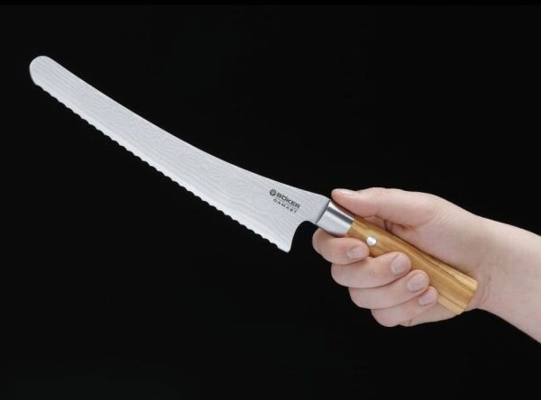 Böker - Damaškový kuchyňský nůž na pečivo DAMAST OLIVE 23,5 cm olivové dřevo