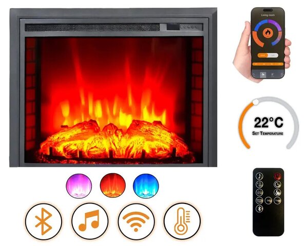 Elektrický krb „EF4“ 1800 W | Bluetooth reproduktor | Efekt plamen | Dálkové ovládání pes Wi-Fi | Topení 17–27 °C | DLC Home
