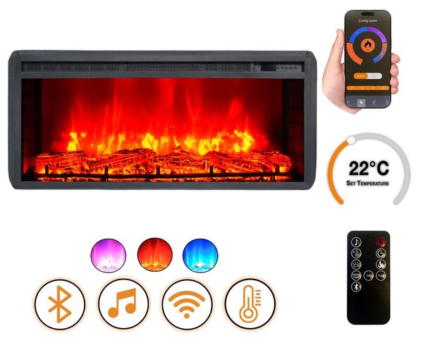 Elektrický krb „EF2“ 1800 W | Bluetooth reproduktor | Efekt plamen | WLAN dálkové ovládání | Topení 17–27 °C | DLC Home