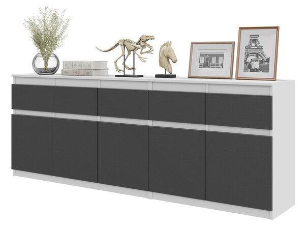Komoda NOAH Bílá Mat / Antracit – Velká Komoda do Lonice s 5 Zásuvkami a 5 Dvíky, Set Komod 200 x V75 x H35 cm