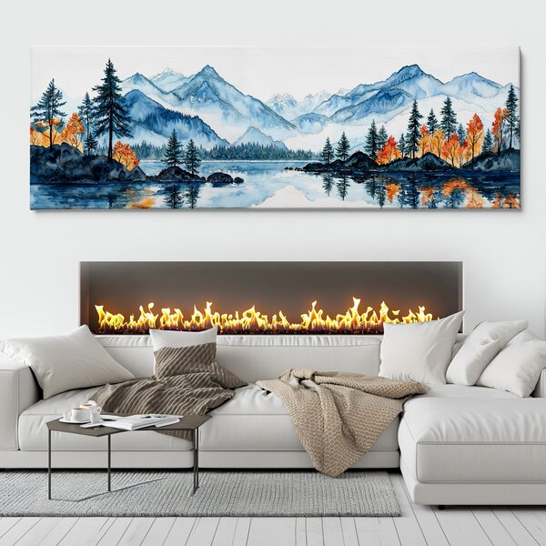 Obraz na plátně - Malé smrčky u jezera pod horskými hřbety FeelHappy.cz Velikost obrazu (šířka x výška): 60 x 20 cm