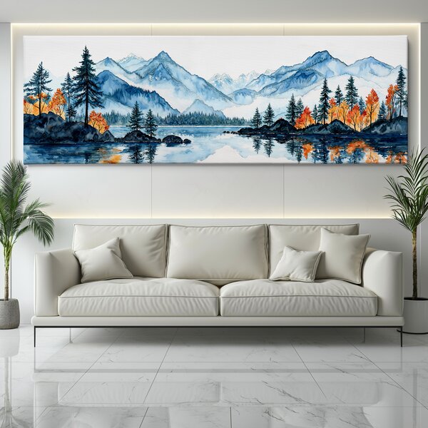 Obraz na plátně - Malé smrčky u jezera pod horskými hřbety FeelHappy.cz Velikost obrazu (šířka x výška): 60 x 20 cm