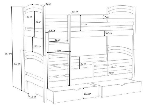 Dětská patrová postel z masivu borovice MARCELA se šuplíky - 200x90 cm - BÍLÁ