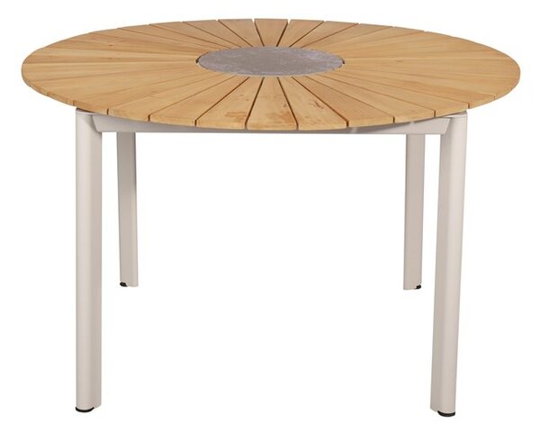 Mindo Jídelní stůl Mindo 101, kulatý 120x75 cm, rám lakovaný hliník Light Grey, deska teak a keramika dekor Steel Chrome