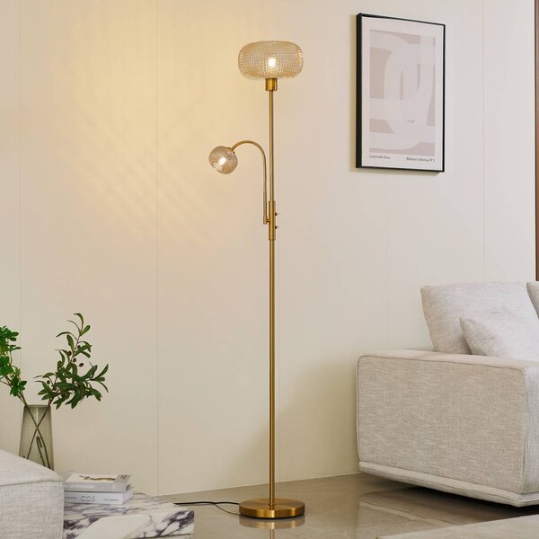 Lindby Stojací lampa Aliette, zlatá/jantarová, sklo, světlo na čtení, Mosaz / zlato, Obývací pokoj / jídelna, kov, Moderní