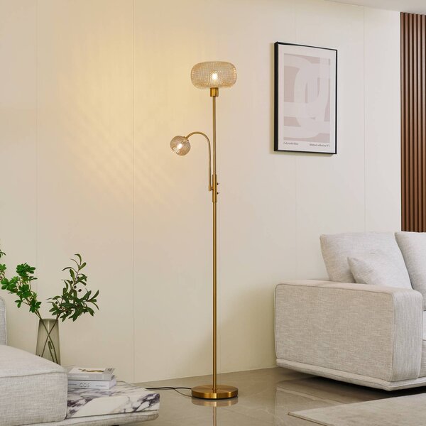 Lindby Stojací lampa Aliette, zlatá/jantarová, sklo, světlo na čtení, Mosaz / zlato, Obývací pokoj / jídelna, kov, Moderní