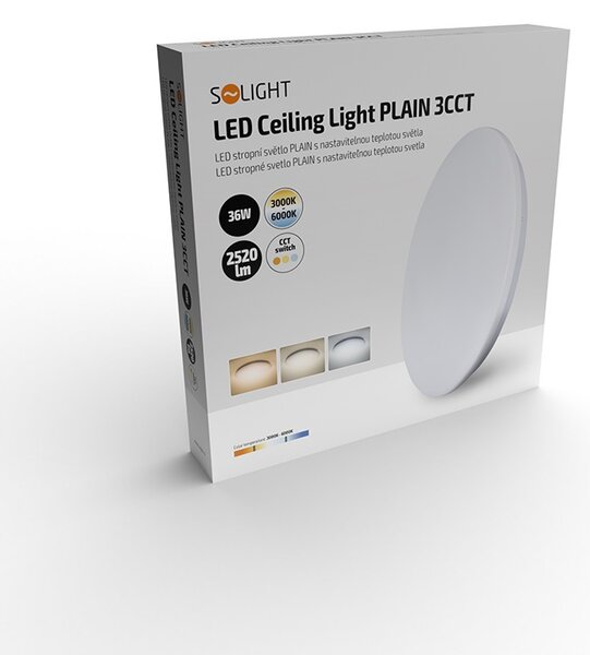 SOLIGHT LED stropní světlo Plain 3CCT, 36W, 2520lm, 3000K, 4000K, 6000K, kulaté, 45cm