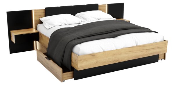 Manželská postel DOTA + rošt a deska s nočními stolky, 180x200, dub Kraft zlatý/černá