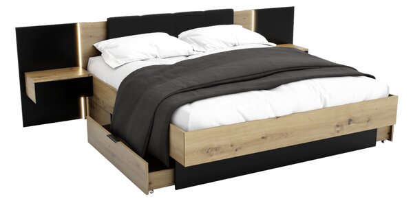 Manželská postel ARKADIA + rošt a deska s nočními stolky, 160x200, dub artisan/černá