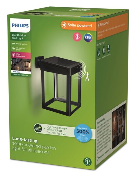 Philips 8720169263918 UltraEfficient Solar Camill solární nástěnné svítidlo se senzorem LED 1,4W 250/25lm 3000K IP44 černá