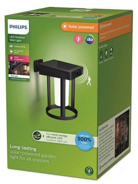 Philips 8720169263895 UltraEfficient Solar Camill solární nástěnné svítidlo se senzorem LED 1,4W 250/25lm 3000K IP44 černá