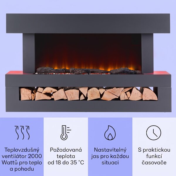 Klarstein Smart Dekorativní krb s LED plameny, elektrický krb s ohřívačem, 2000W elektrický krb, energeticky úsporný elektrický krb, nástěnný krb s dálkovým ovládáním a časovačem, elektrické krby s MDF krytem