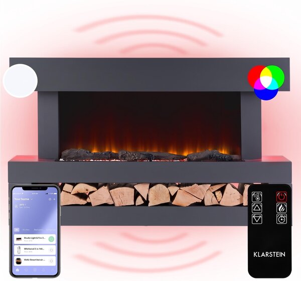 Klarstein Smart Dekorativní krb s LED plameny, elektrický krb s ohřívačem, 2000W elektrický krb, energeticky úsporný elektrický krb, nástěnný krb s dálkovým ovládáním a časovačem, elektrické krby s MDF krytem