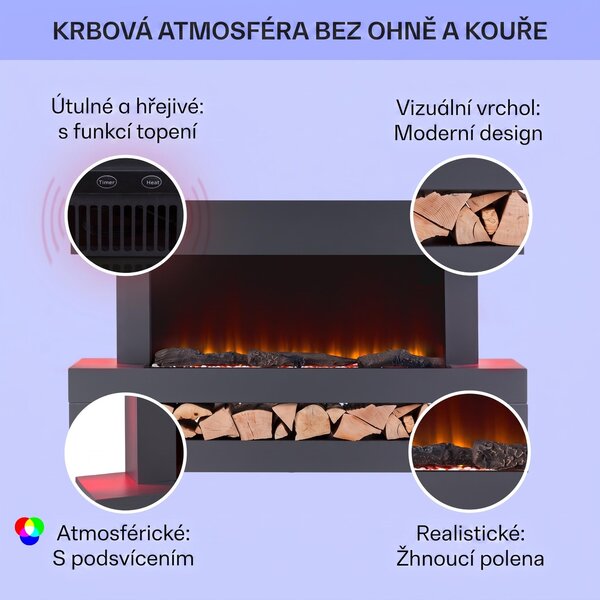 Klarstein Smart Dekorativní krb s LED plameny, elektrický krb s ohřívačem, 2000W elektrický krb, energeticky úsporný elektrický krb, nástěnný krb s dálkovým ovládáním a časovačem, elektrické krby s MDF krytem