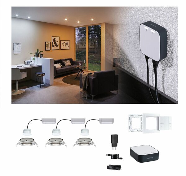 PAULMANN Startovací sada Smart Home smik Gateway nástěnný ovladač + LED vestavné svítidlo Nova Plus Coin základní sada výklopné RGBW