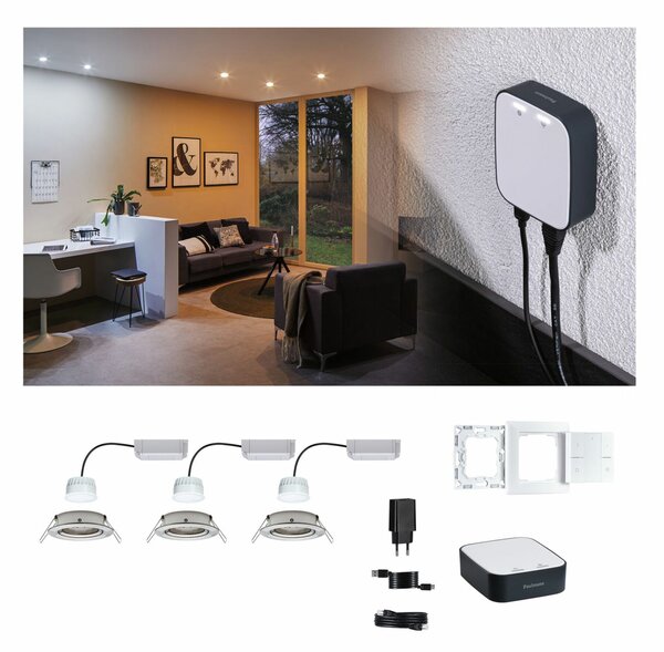 PAULMANN Startovací sada Smart Home smik Gateway nástěnný ovladač + LED vestavné svítidlo Nova Plus Coin základní sada výklopné měnitelná bílá