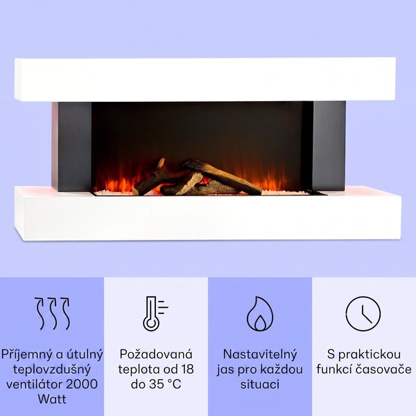 Klarstein Smart Dekorativní krb s LED plameny, elektrický krb s ohřívačem, 2000W elektrický krb, energeticky úsporný elektrický krb, nástěnný krb s dálkovým ovládáním a časovačem, elektrické krby s MDF krytem