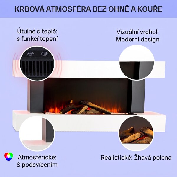 Klarstein Smart Dekorativní krb s LED plameny, elektrický krb s ohřívačem, 2000W elektrický krb, energeticky úsporný elektrický krb, nástěnný krb s dálkovým ovládáním a časovačem, elektrické krby s MDF krytem