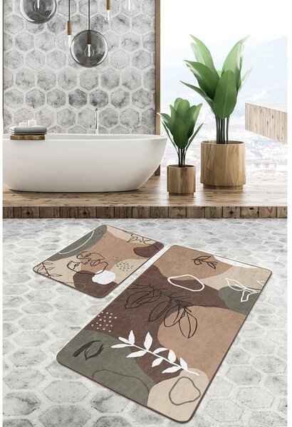 Hnědé sametové koupelnové předložky v sadě 2 ks 60x100 cm Abstract Faces – Mila Home
