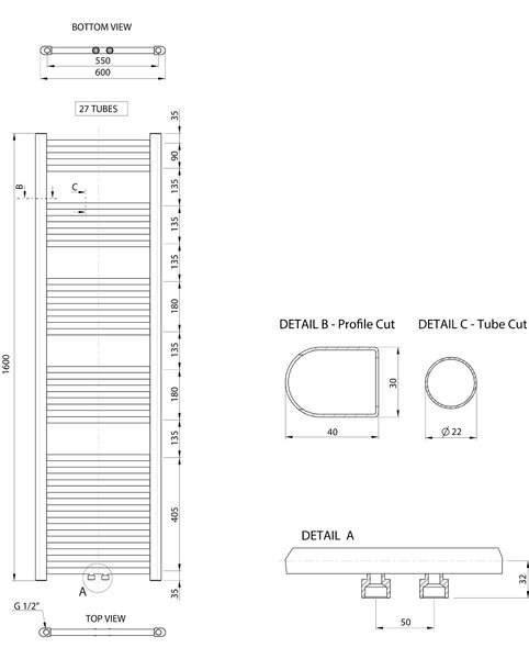 Aqualine Aqualine, ALYA topné těleso rovné 600x1600 mm, středové připojení, chrom, LLS305